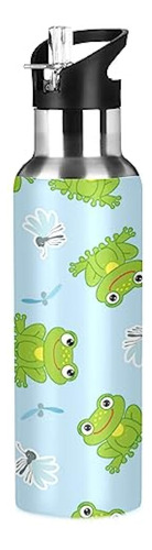 Cute Frogs Pattern Print Water Bottle With Straw Kids Girls