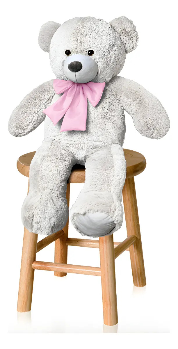 Urso De Pelúcia Teddy Bear Grande Com Laço 50cm Antialérgico Cor Baunilha Com Rosa