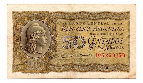 Billete 0,50 Centavos Moneda Nacional, Bottero 1905 Año 1952