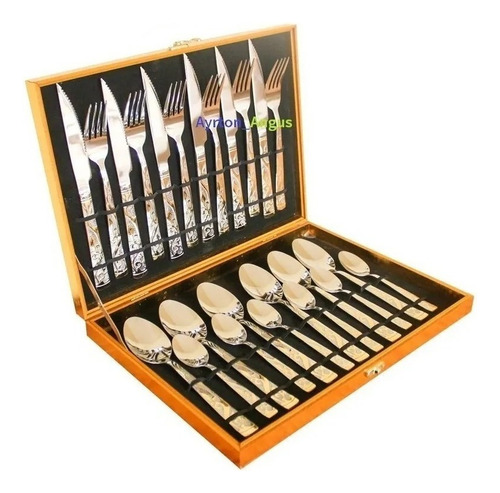 Kit de cubiertos tipo maletín dorado de acero inoxidable, 24 piezas, con hermoso color dorado