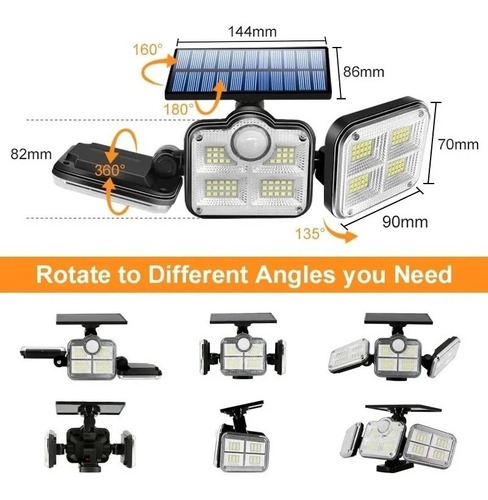 Imagen 4 de 8 de Foco Led Triple Solar Luminaria Sensor Movimiento + Control