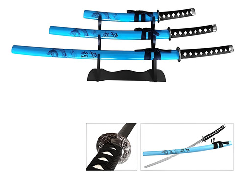 Set 3 Espadas Katana Acero Inoxidable Diseño De Dragón Azul