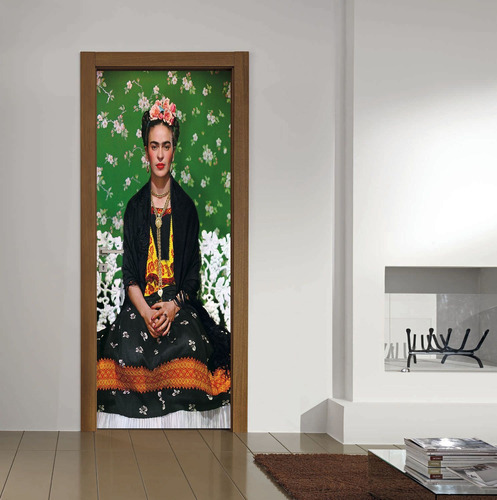 Vinilo Para Puerta Frida Kahlo Verde Flores Mexican Art