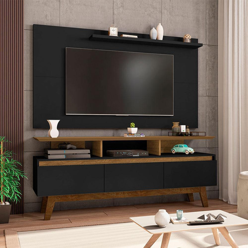 Conjunto Sala Tv Rack Rubi 3 Portas Painel Chanel 55 Pol. Cor Cinamomo/Preto Fosco - Ptf