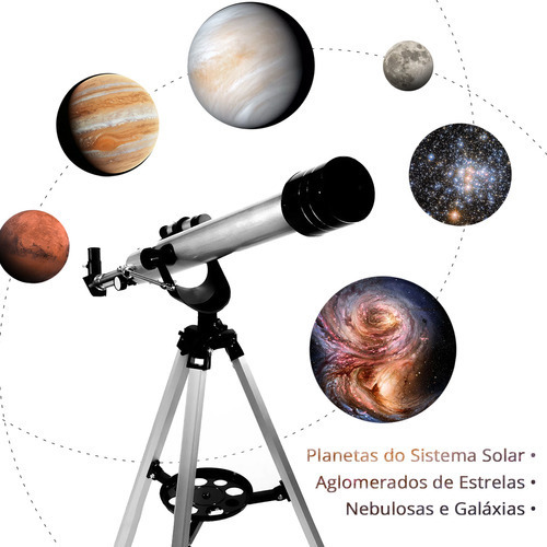 Telescópio Refrator Prateado 60mm Com Tripé Ajustável Luneta