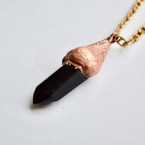 Imagen 3 de 7 de Collar Pendulo De Obsidiana Negra, Cadena Bronce, Cod1