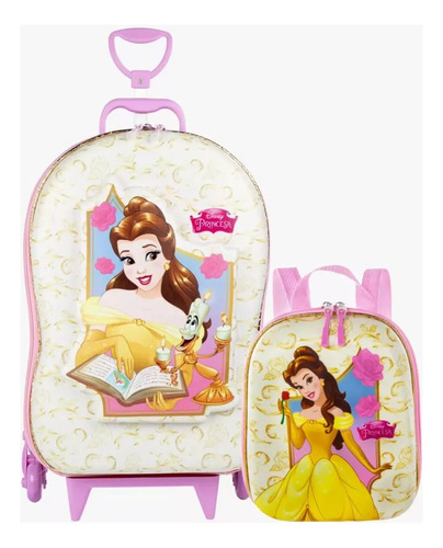 Mochila C/ 3 Rodas 3d Princesa Bela + Lancheira