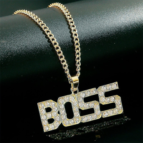 F Colar Boss Dourado Estilo Hip Hop Bling Bling Micro