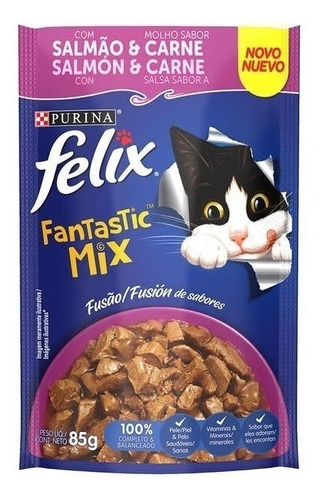 Alimento Felix Fantastic Mix para gato adulto todos os tamanhos sabor salmão e carne em saco de 85g