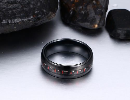 Anel Masculino Tungstênio Detalhe Milimalista Vermelho 8mm
