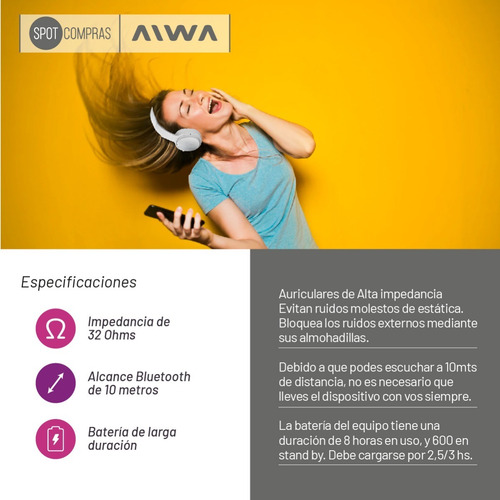 Imagen 5 de 5 de Auricular Bluetooth Aiwa Plegable Ava-bt301b Mic