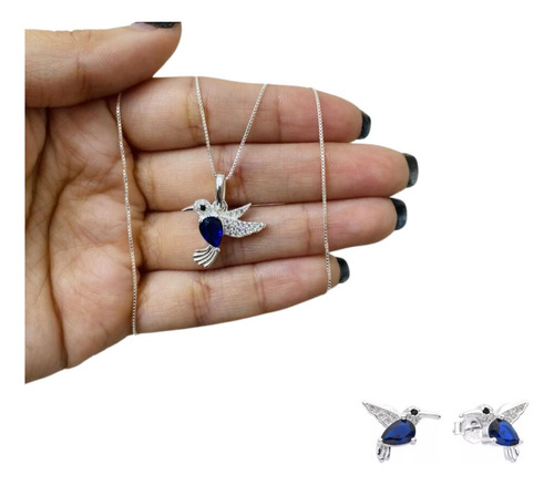 Set Cadena Aros Dije Plata 925 Colibrí Zircon Cubic Mujer