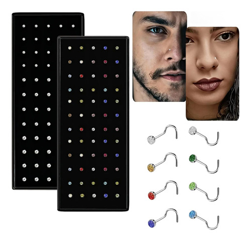 X40 Piercing Aro Nariz Strass Nostril Curvo Acero Quirúrgico