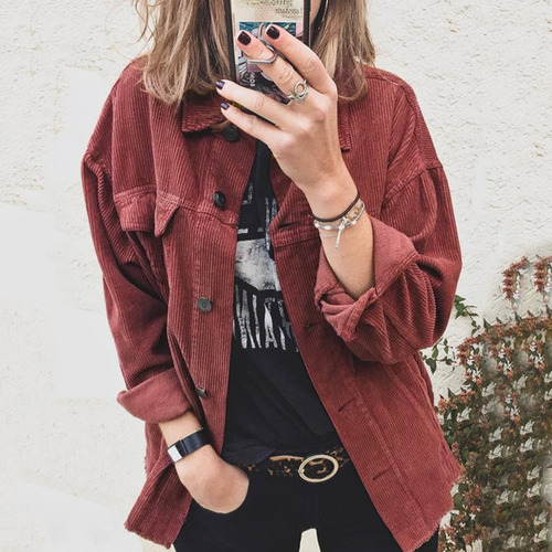 Chaqueta Cotelê Para Mujer Con Solapas Y Camiseta De Terciop