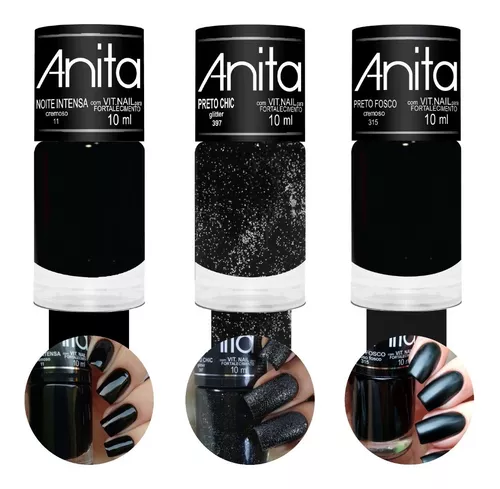 Kit 3 Esmaltes Anita Preto Fosco Chic Glitter Noite Intensa