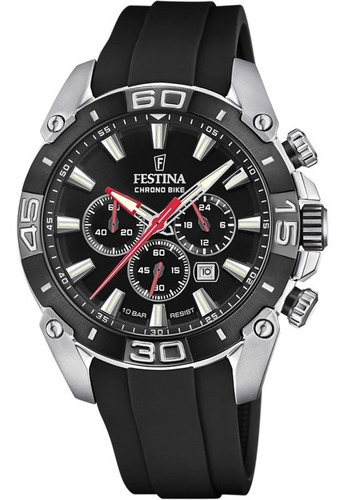 Reloj De Pulsera Festina Chrono Bike F20544/3 De Cuerpo Color Plateado, Analógico, Para Hombre, Fondo Negro, Con Correa De Goma Color Negro, Agujas Color Plateado, Blanco Y Rojo, Dial Gris Y Blanco, S