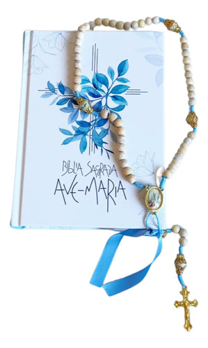 Kit Bíblia Católica Terço Nossa Senhora De Lourdes Sagrada Ave-maria Capa Flores Cristão Crucifixo