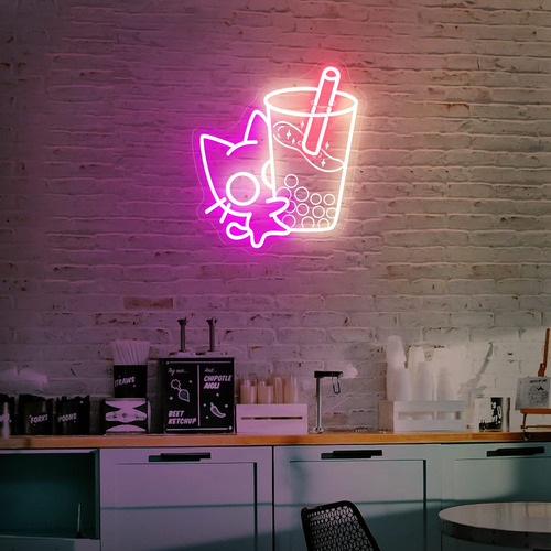 Letrero Neon Texto Ingl  Cat Hold Boba  Para Decoracion Luz