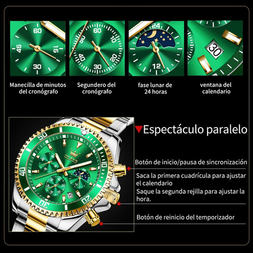 Reloj De Cuarzo Para Hombre Cronógrafo Luminoso Regalos Dorado Dorado Dorado/verde