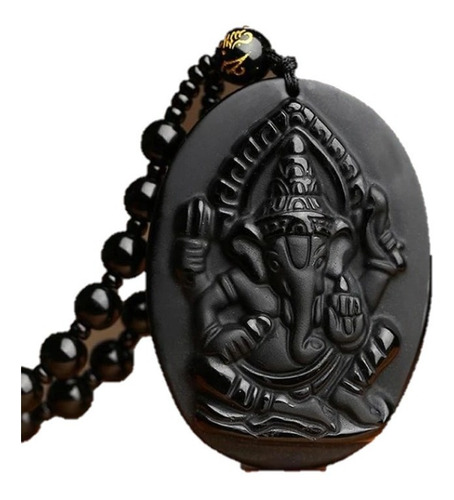 Collar Dije Obsidiana Elefante Ganesha Abundancia Libera