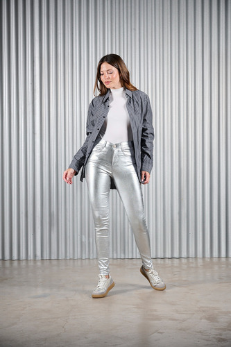 Pantalón De Mujer Chupin Cenitho Gris Metalizado Elastizado