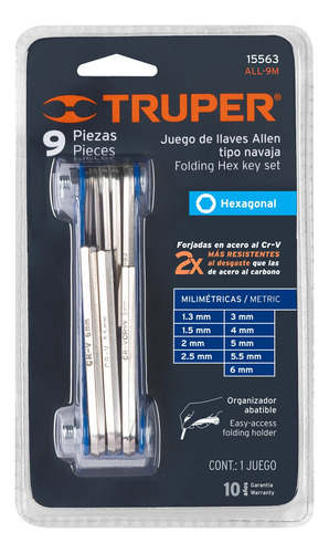 Juego De 9 Llaves Allen Mm Tipo Navaja Truper 15563 Plateado