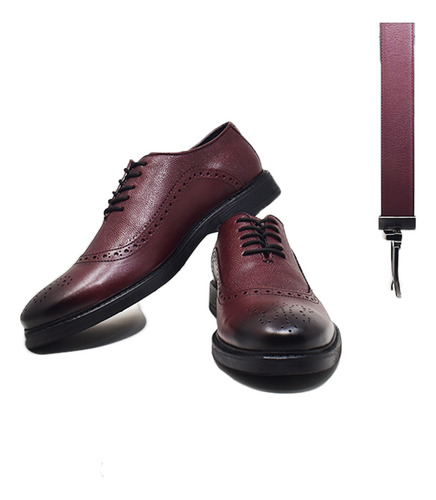 Kit Zapato Formal Y Cinto Reversible En Color Vino