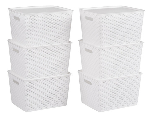 Imagem 1 de 6 de Kit 6 Caixas Organizadoras Rattan Tampa 20l Branca Begônia