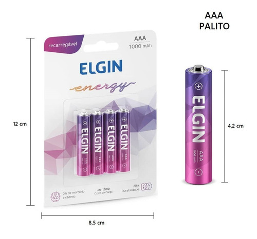 Imagem 3 de 6 de Pilha Recarregável Palito Aaa 4 Unidades 1000mah Elgin