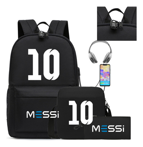 Mochila Estudiante Messi Set Tres Piezas Usb