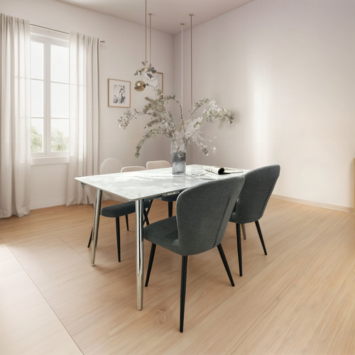 Juego Comedor Bulnes Neolith Cromo 160 + 4 Sillas Panama Gris Oscuro Chenille