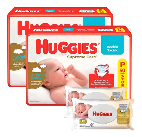 Imagen 1 de 9 de Huggies Supreme Care P X 2 + Toallas Oleo Calcareo 80 X 2