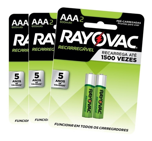 6 Pilhas Recarregável Econômica Rayovac Aaa 600 Mah