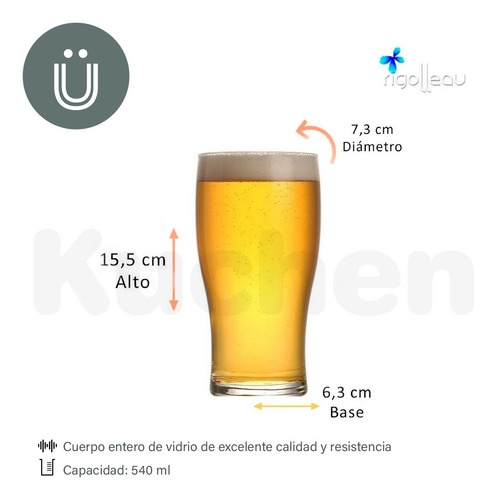 Imagen 2 de 10 de Vasos Cerveceros Pinta Rigolleau Set Vasos De Cerveza Vidrio Grueso Para Cervecería Apilables - 540 Ml