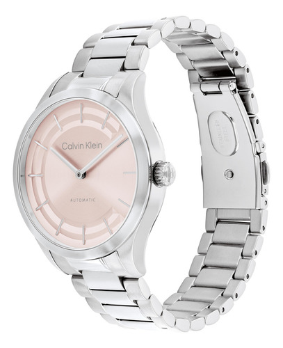 Calvin Klein Reloj Mujer 25100102 Iconic Automatic 36mm Correa Plateado Bisel Plateado Fondo Rosa Pálido