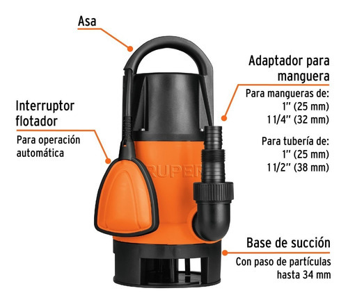 Bomba Sumergible Plastica Para Agua Sucia 1 Hp Truper 12603 Voltaje 110v
