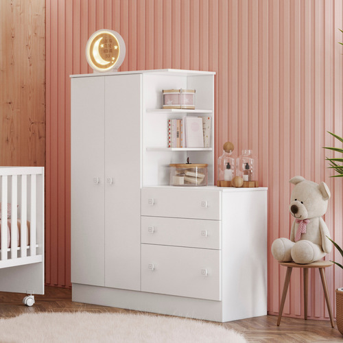 Conjunto Para Quarto Bebê Doce Sonho Guarda Roupa E Berço Com Colchão Cor Branco