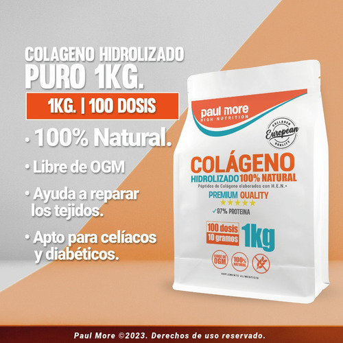 Imagen 5 de 7 de Colageno Hidrolizado Puro 1 Kilo. 100 Dosis