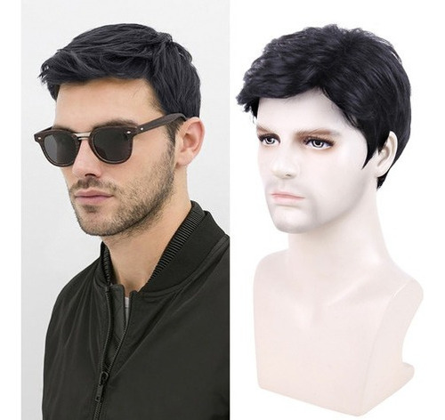 Peluca Hombre Natural Pelo Corto Negra Fibra Estilo Euro [s]