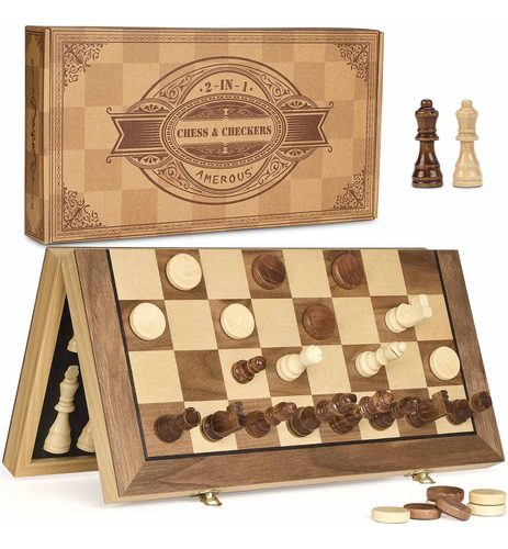 Juego De Ajedrez Y Damas De Madera Magnética Con Almacenamie