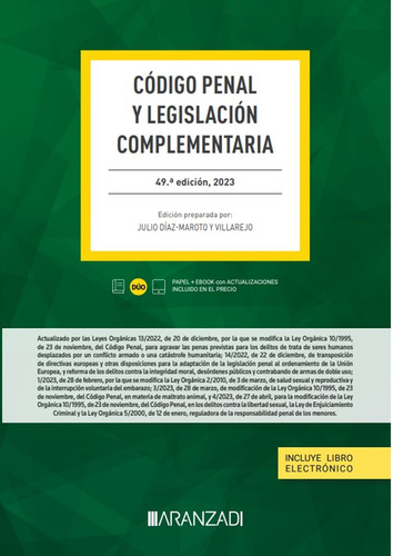 Codigo Penal Y Legislacion Complementaria 49 Ed, De Aa.vv. Editorial Aranzadi En Español