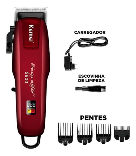 Máquina De Cabelo Profissional Kemei Km-pg2600 Bordô Sem Fio