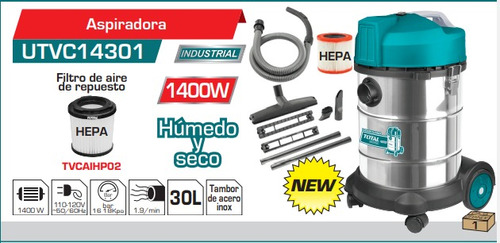 Aspiradora Industrial Húmedo Y Seco De 30 Litros 1400w Total