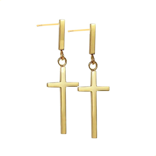 Aretes Largos De Broquel Forma Cruz Lisa Oro Laminado 24k 