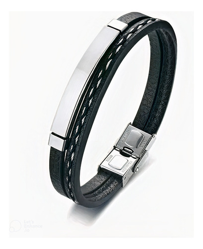 Pulsera De Cuero Negro Brazalete Con Placa De Acero Plateado