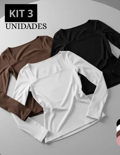 Kit 3 Blusa Manga Longa Inverno Decote Gola Quadrada Marrom-branco-preto P