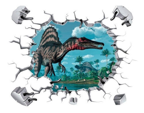 Vinilo Decorativo 3d Dinosaurios 09 Muro Roto Jurassic Park Color Multicolor