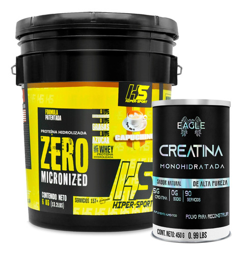 Proteína Whey Hidrolizada Zero Hs 6 Kg + Creatina 450gr Eag Sabor Capuccino - Natural