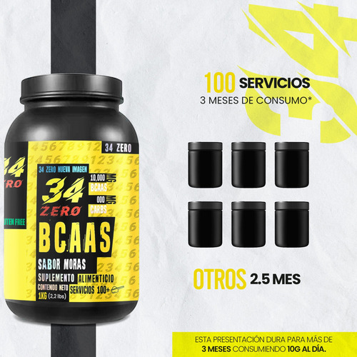 34 Zero Aminoácidos Bcaas Polvo 100 Servicios 1kg Sabores Moras