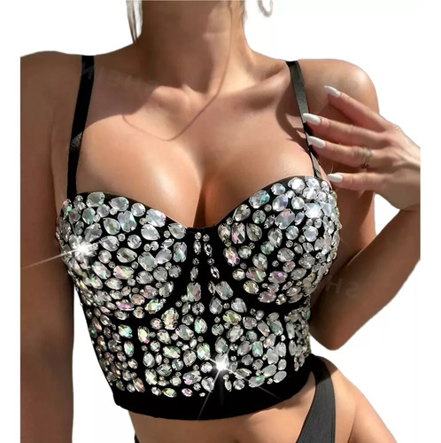 Top Corset Bustier Cristales Gemas Plata Fiesta Noche Import